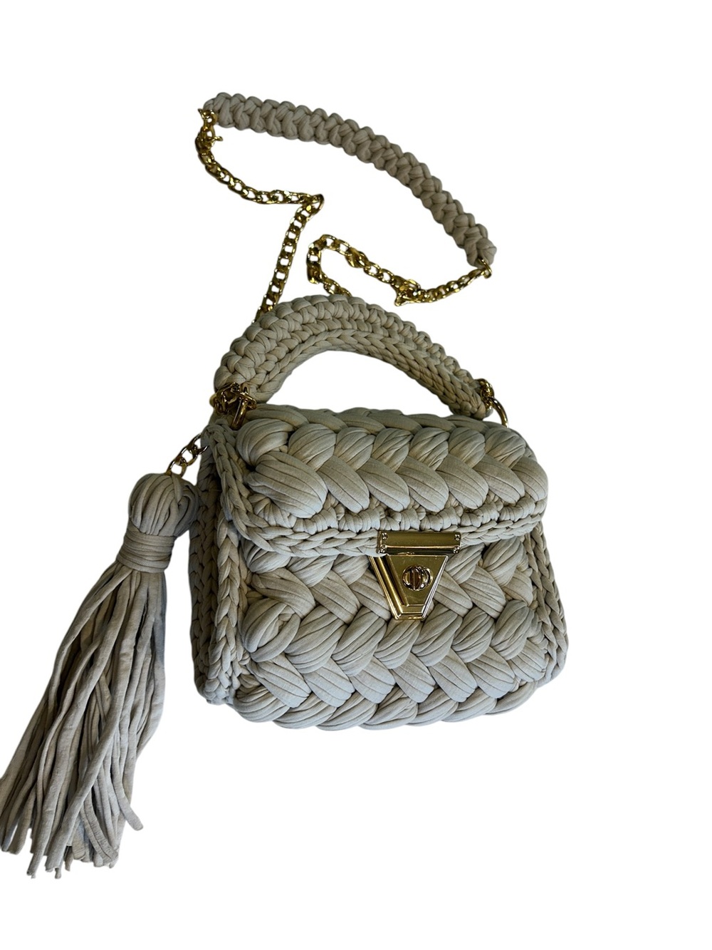 Handwoven Chunky Knit Top Handle Crossbody Bag Cream Evening Party Boho Wedding